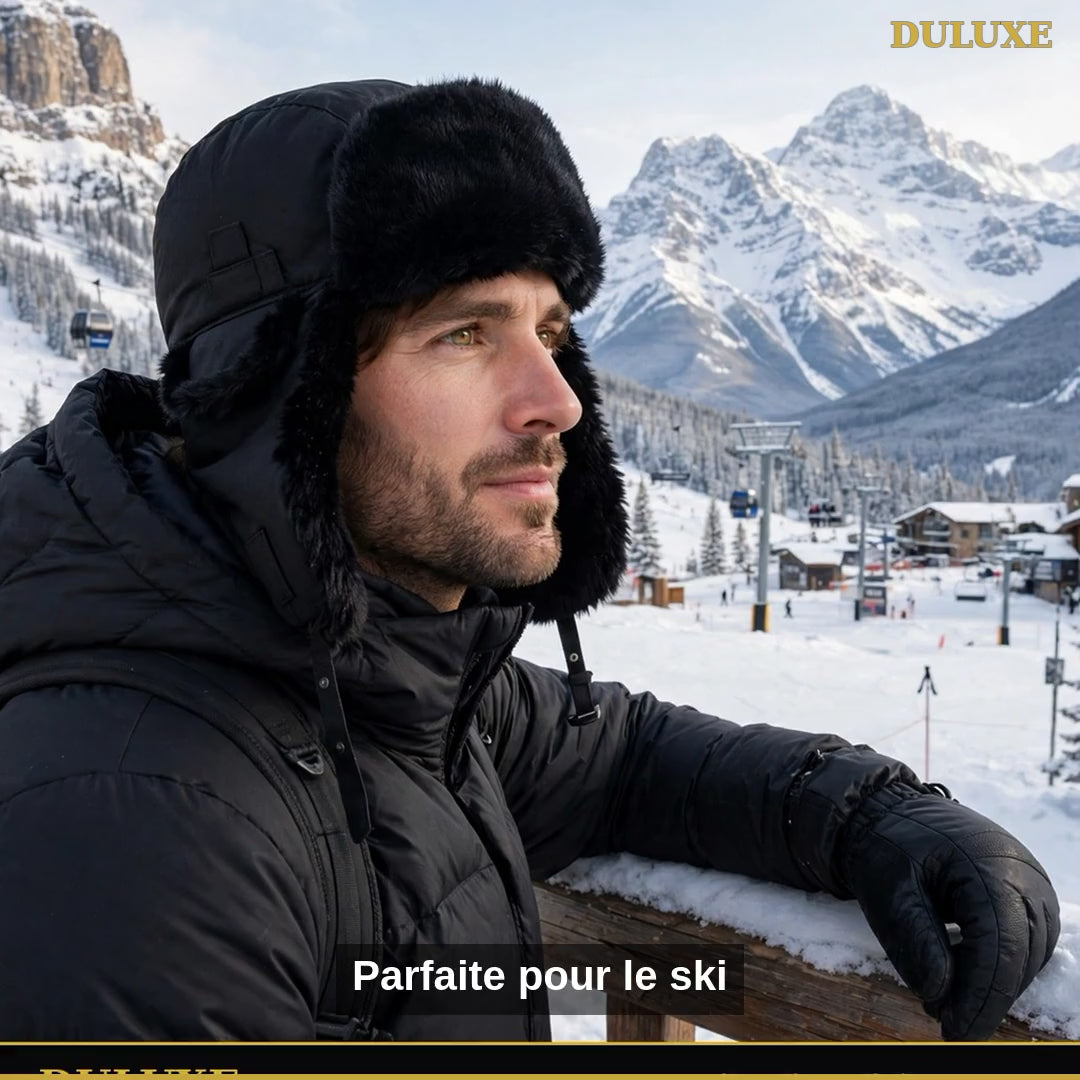 Vidéo démo de la chapka homme DULUXE : ski, chalet et mentonnière anti-vent pour l'hiver canadien, en français
