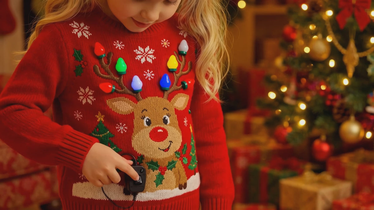 Vidéo démo en français : un enfant allume les lumières douces de son pull de Noël à motif renne près du sapin, présentation DULUXE