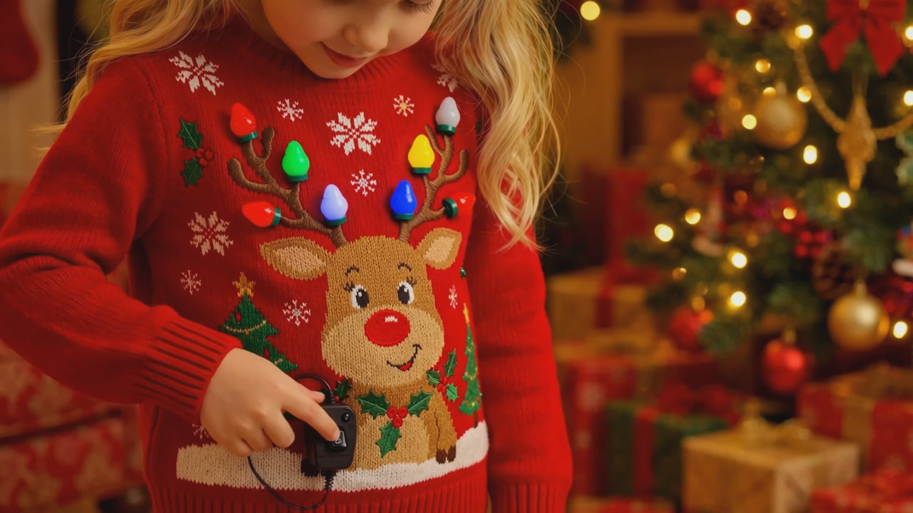 Vidéo démo en français : un enfant allume les lumières douces de son pull de Noël à motif renne près du sapin, présentation DULUXE