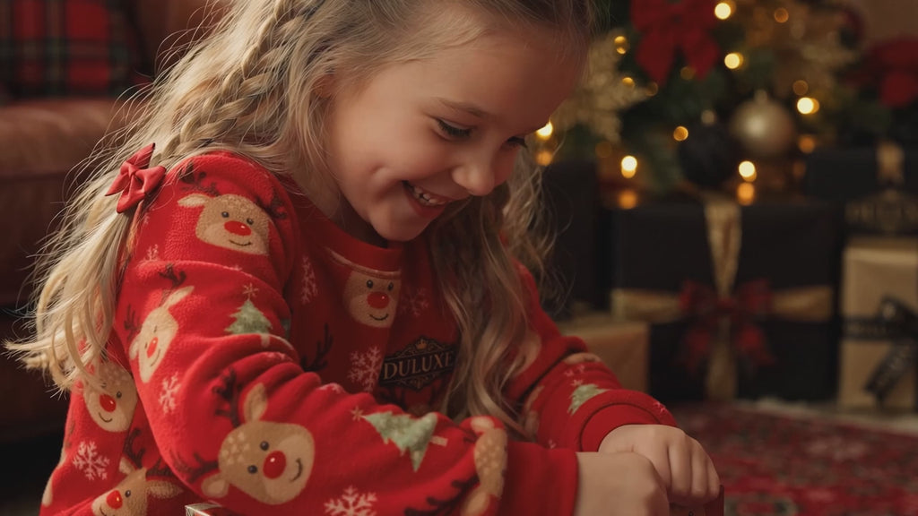 Vidéo démo en français : matin de Noël, enfant en pyjama polaire ouvrant ses cadeaux en famille, présentation DULUXE