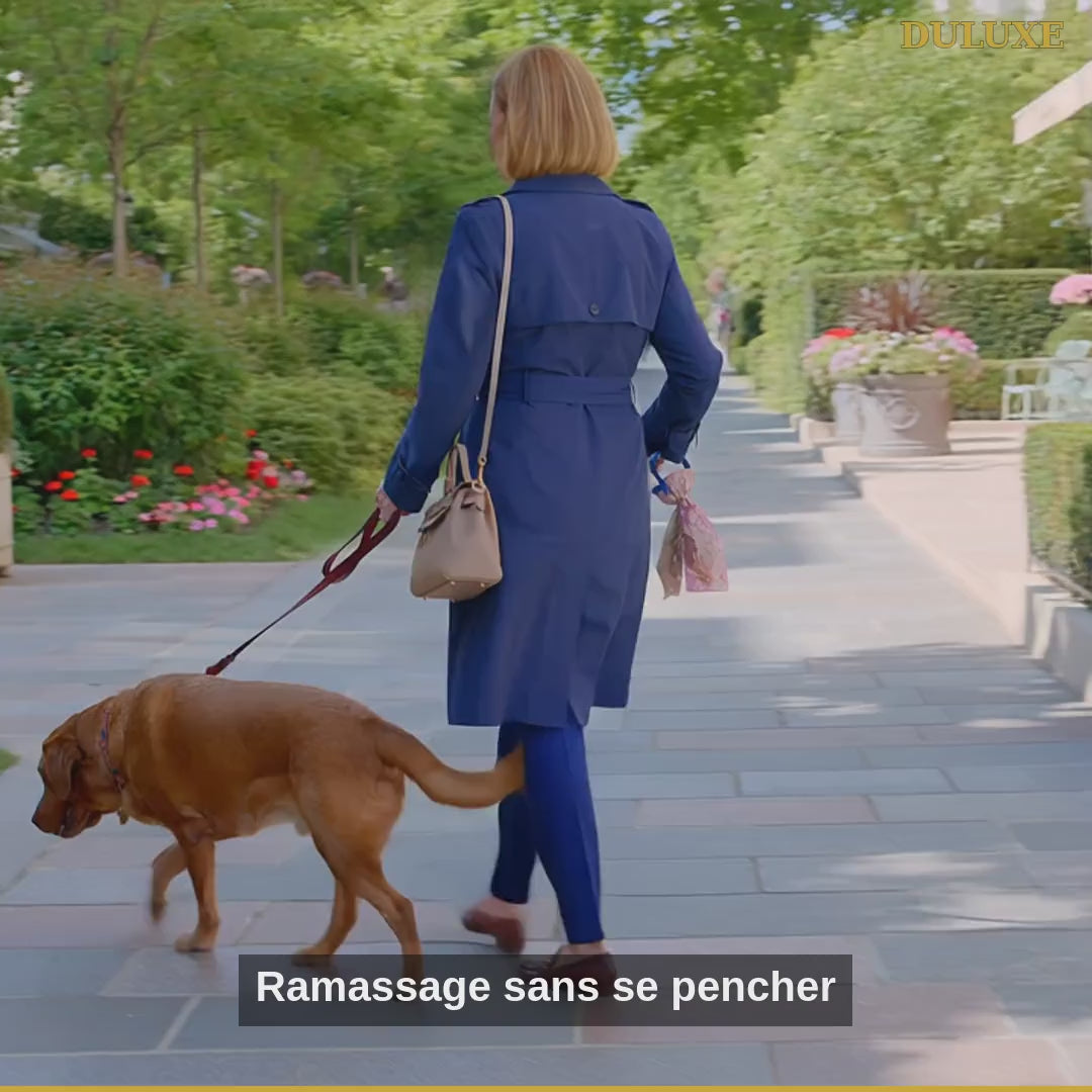 Vidéo démo de l'attrape-déjections à long manche télescopique DULUXE : ramassage sans se pencher en français