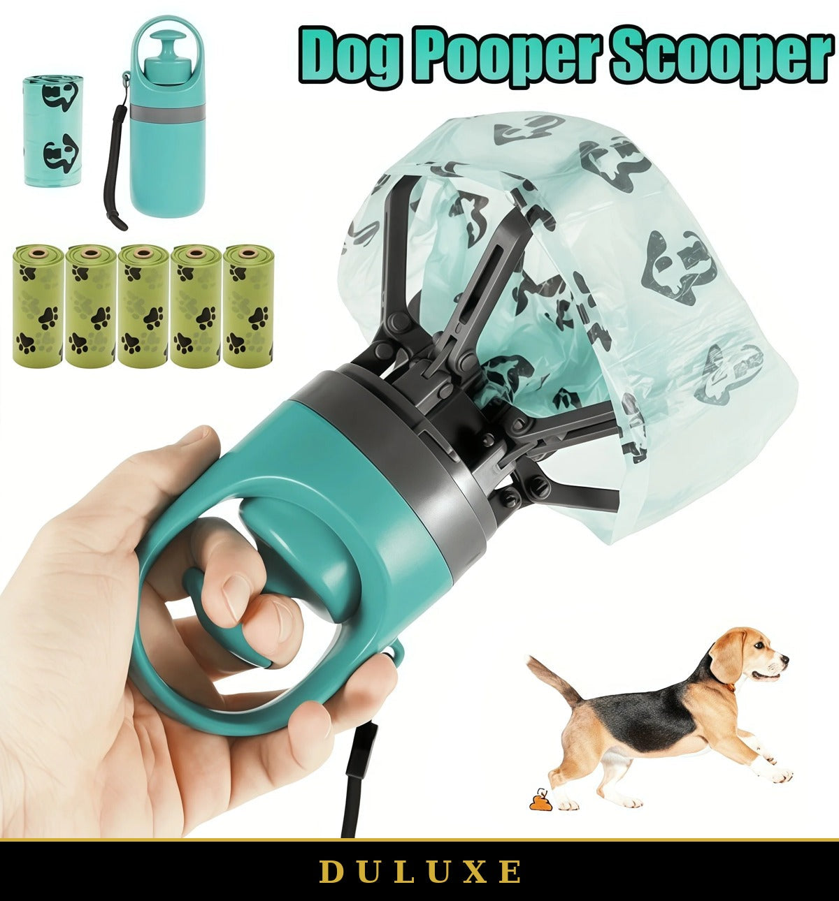Ramasse-crottes portable à pince pour chien, kit complet avec 5 rouleaux de sacs