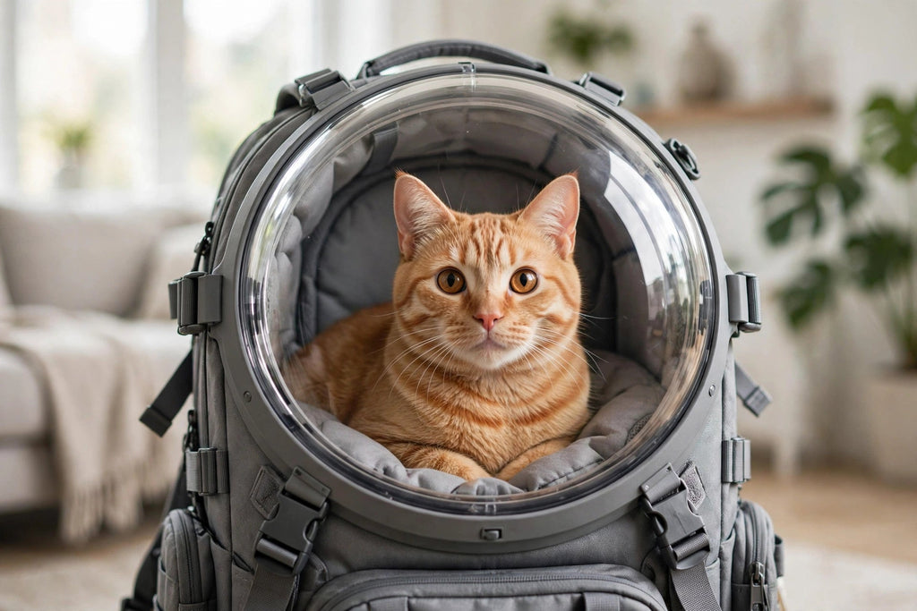 Chat roux installé dans un sac à dos capsule spatial gris, vu à travers le hublot transparent