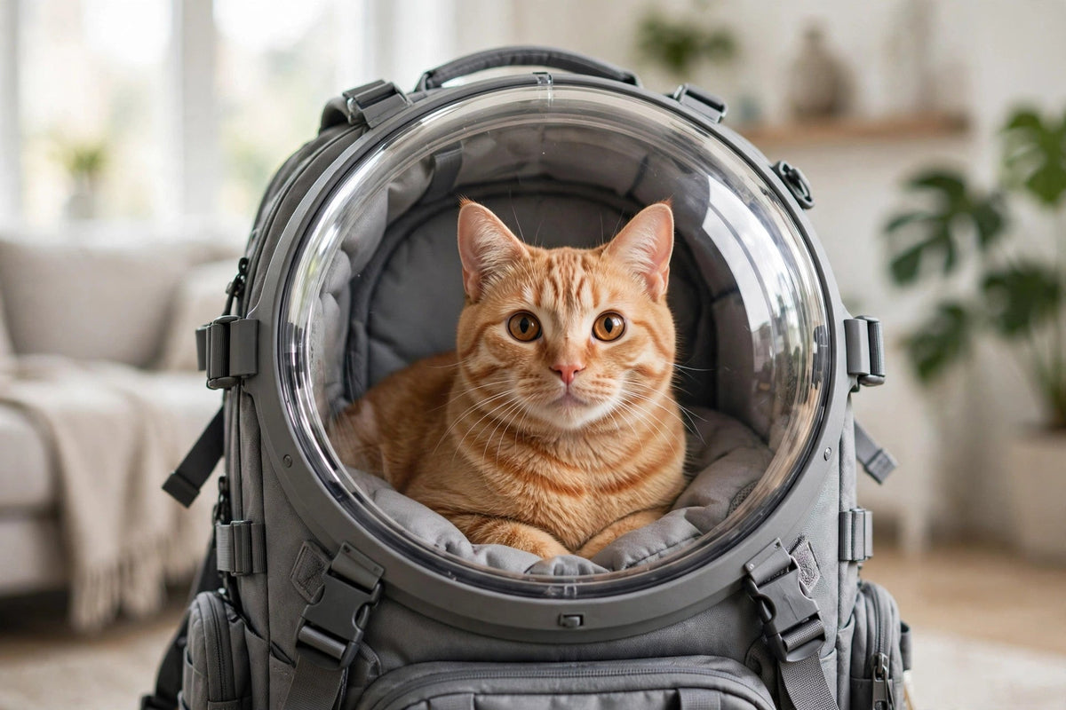 Chat roux installé dans un sac à dos capsule spatial gris, vu à travers le hublot transparent