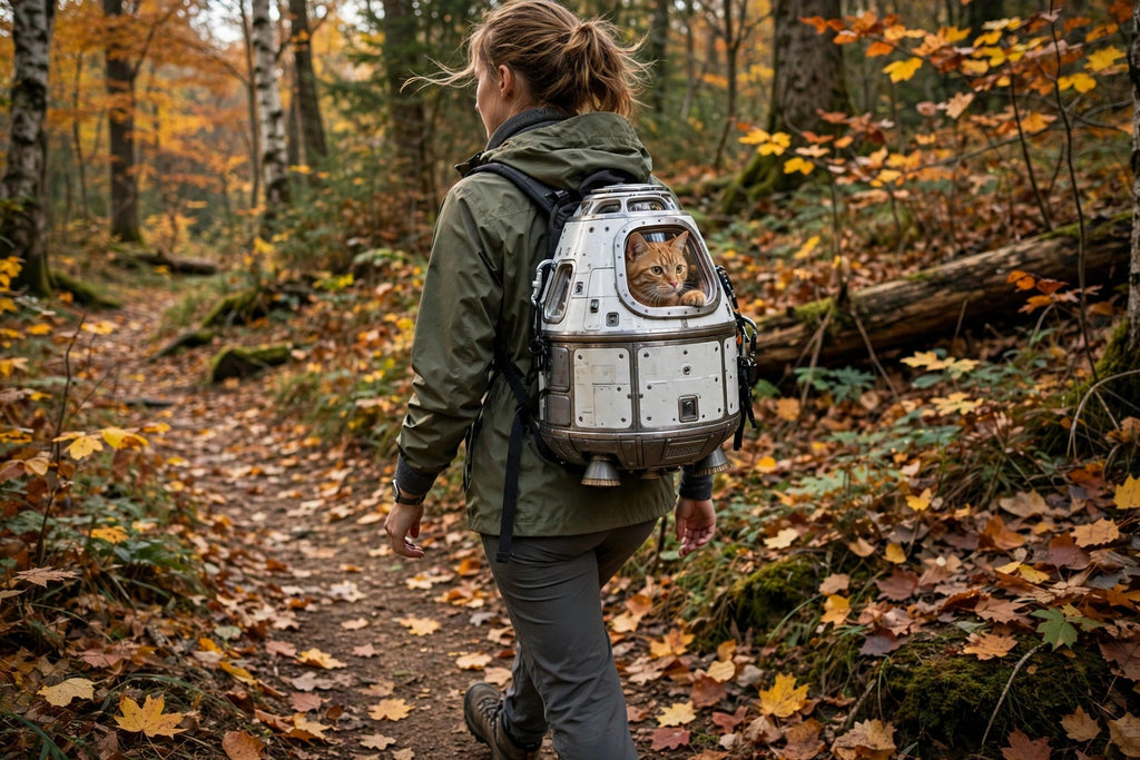 Randonneuse portant un sac à dos capsule spatial avec un chat visible par le hublot, forêt en automne