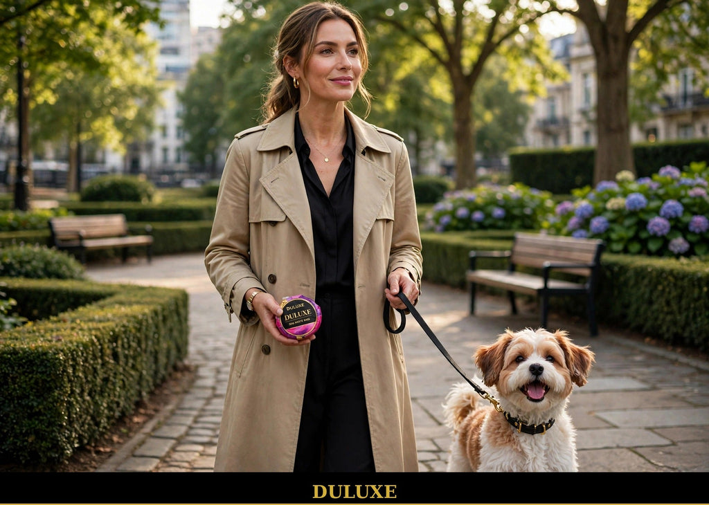 Promenade chic avec un chien et sacs à déjections rose et violet