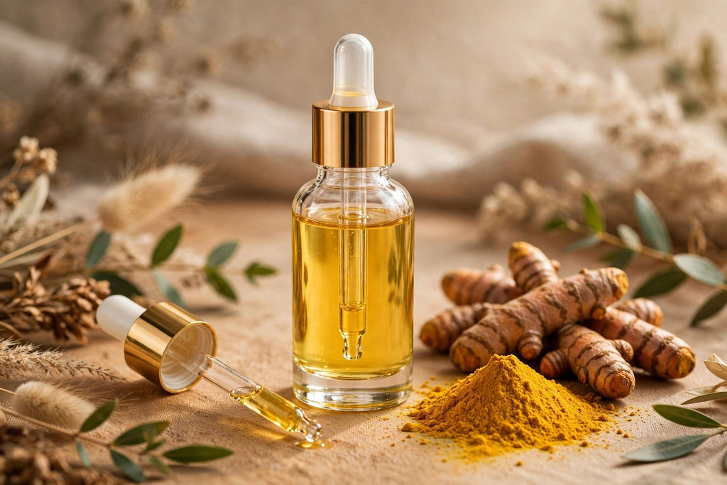 Flacon de sérum éclat à l'acide kojique avec racines de curcuma frais