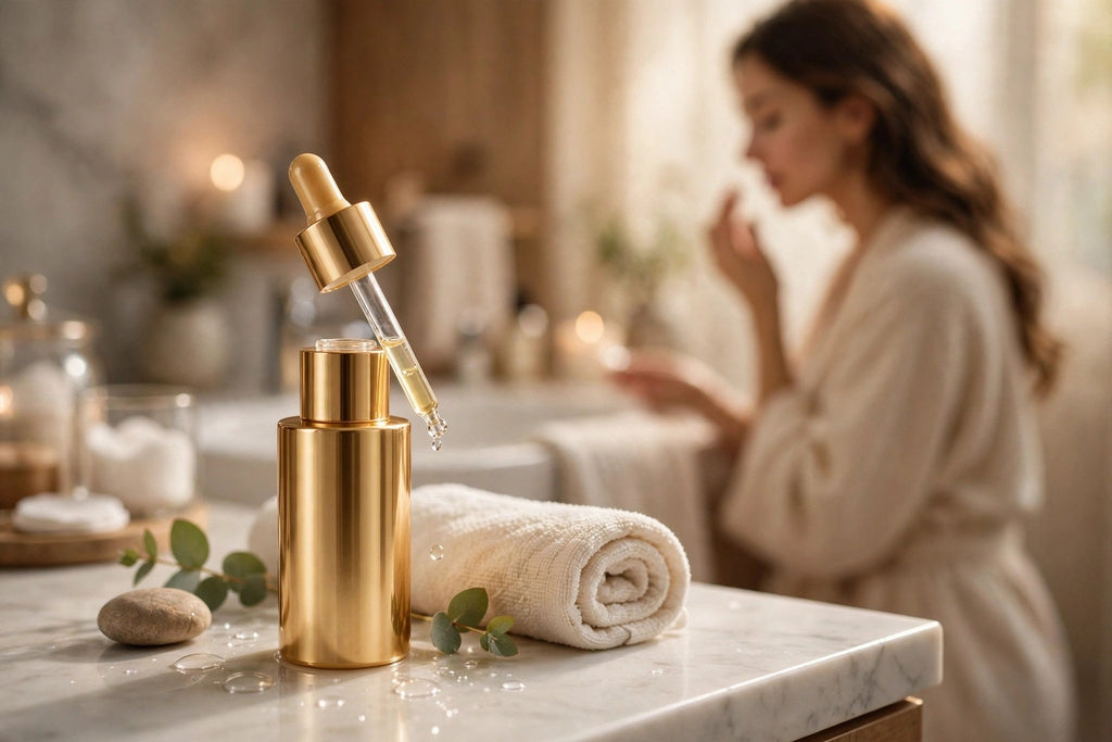 Routine beauté : sérum éclat à l'acide kojique dans une salle de bain luxueuse