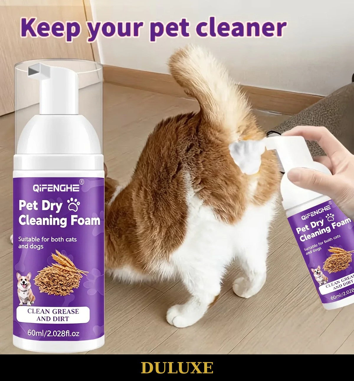 Bouteille de mousse de shampooing sec sans rinçage DULUXE pour chien et chat