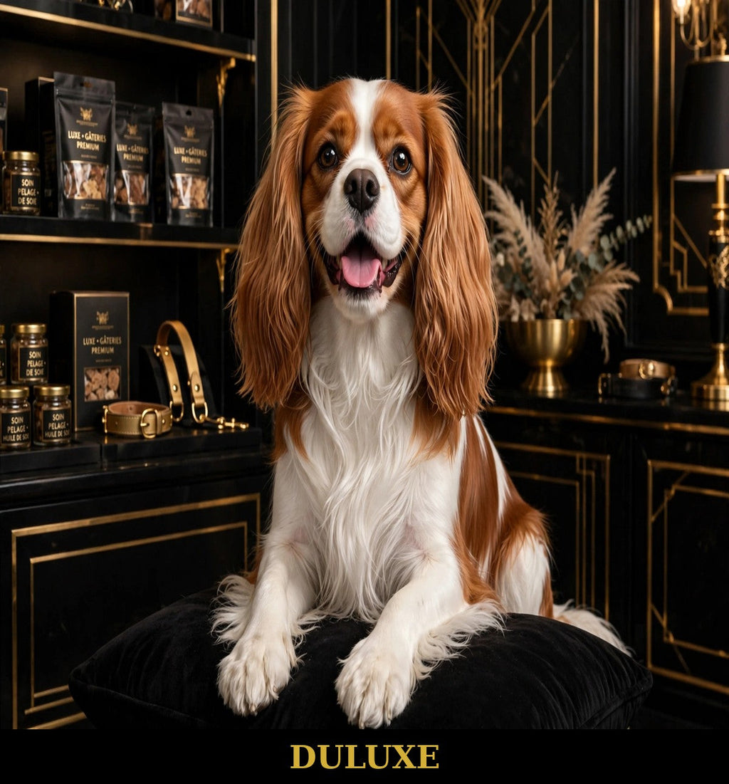 Chien heureux au pelage propre et brillant, ambiance premium DULUXE