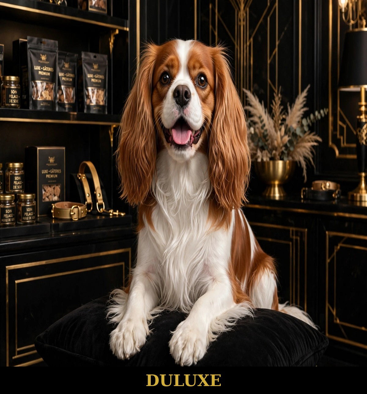 Chien heureux au pelage propre et brillant, ambiance premium DULUXE