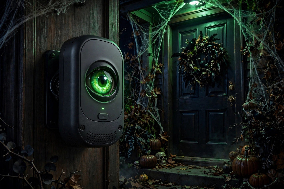 Sonnette à œil animé installée sur une porte d'entrée, la nuit