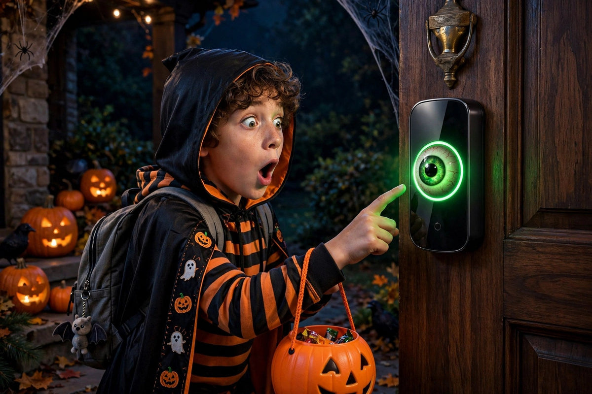 Visiteur surpris sonnant à la sonnette œil animé d'Halloween