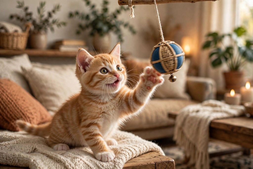 Chaton jouant avec le yo-yo suspendu dans un salon